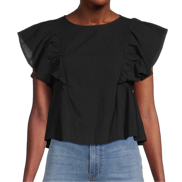 Wildfox flutter sleeve blouse cropped black cotton medium - Picture 1 of 10